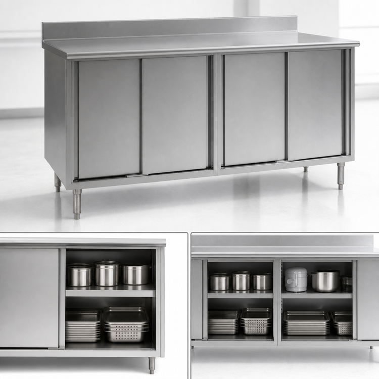 Product image #3 for Spec-Master Enclosed Worktable with Four Sliding Doors, 84 x 30 Inches, 4-1/2 Inch Backsplash, Stainless Steel Cabinet Base