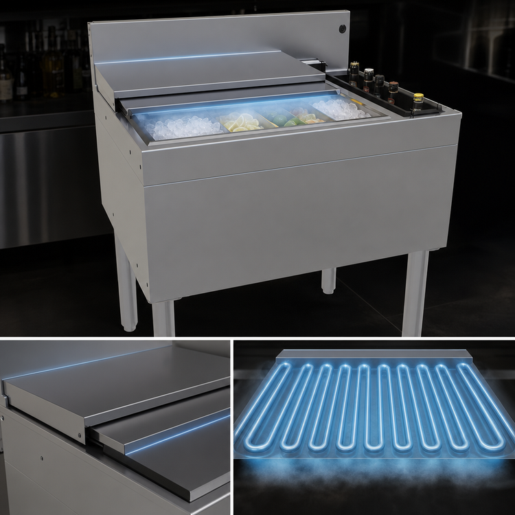 Product image #3 for Glastender 30-Inch Underbar Combo Ice Bin/Cocktail Unit with 10-Circuit Cold Plate and Right-Side 4-Bottle Storage