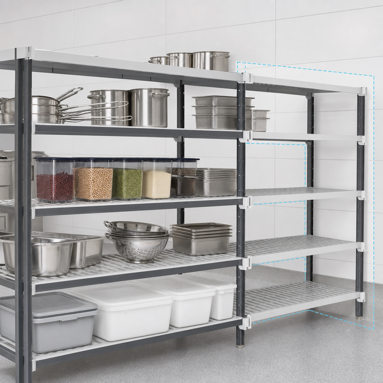 Product image #3 for Cambro Camshelving Elements XTRA Stationary Add-On Unit, 21 x 42 x 72 Inch, 5-Tier Vented Polymer Shelving, Speckled Gray