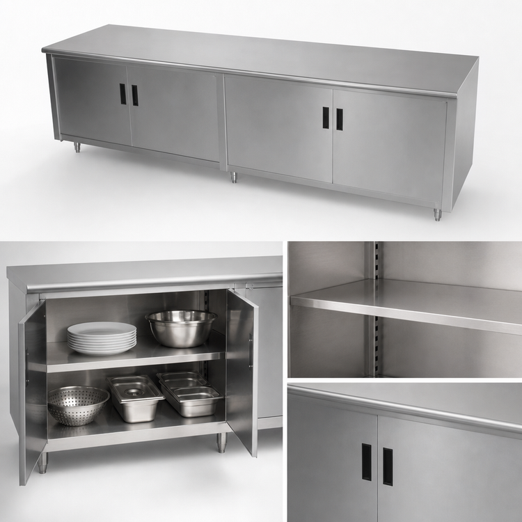 Product image #3 for Advance Tabco Special Value 84-Inch x 24-Inch Cabinet Base Work Table with 16 Gauge 304 Stainless Steel Top, Mid-Shelf, and Hinged Doors