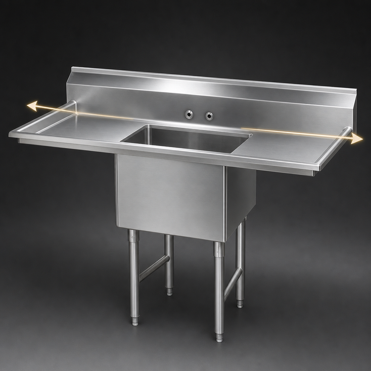 Product image #3 for Advance Tabco Fabricated 1-Compartment Sink with Left and Right Drainboards, 18 x 24 x 14 Bowl, 16-Gauge 304 Stainless Steel