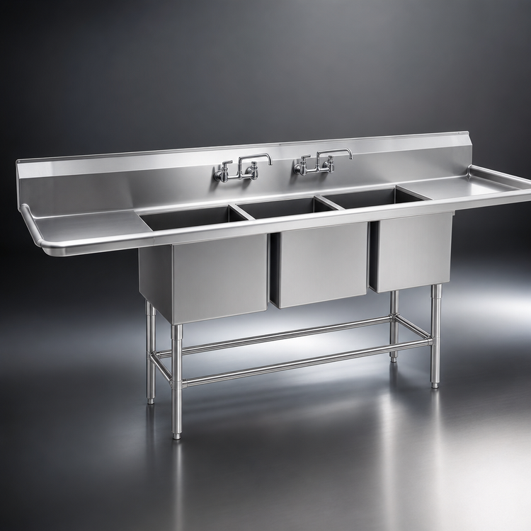Product image #3 for Eagle Spec-Master FN Series Coved Corner Three-Compartment Stainless Steel Sink with Left 30-Inch Drainboard