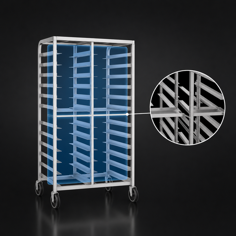 Product image #3 for Panco Four-Compartment Open Frame Mobile Tray Rack, 52 Tray Capacity, 14 x 18 Inch Trays