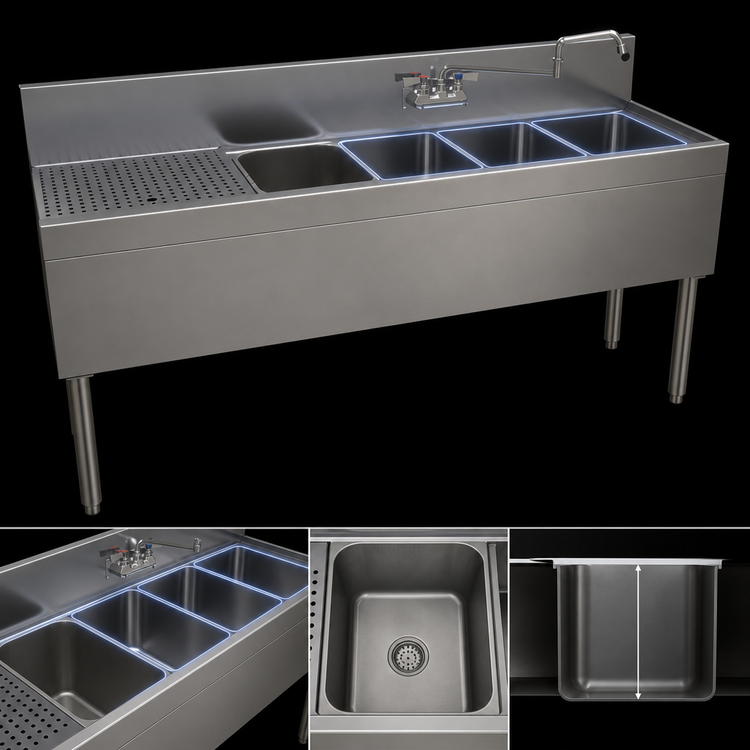 Product image #3 for Glastender Four-Compartment Underbar Sink Unit with Left Drainboard, 66-Inch x 19-Inch
