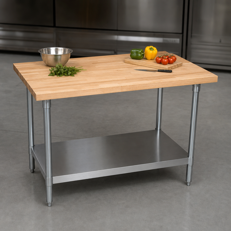 Product image #3 for Hard Maple Flat Top Work Table with Galvanized Legs and Undershelf, 96 x 36 Inches