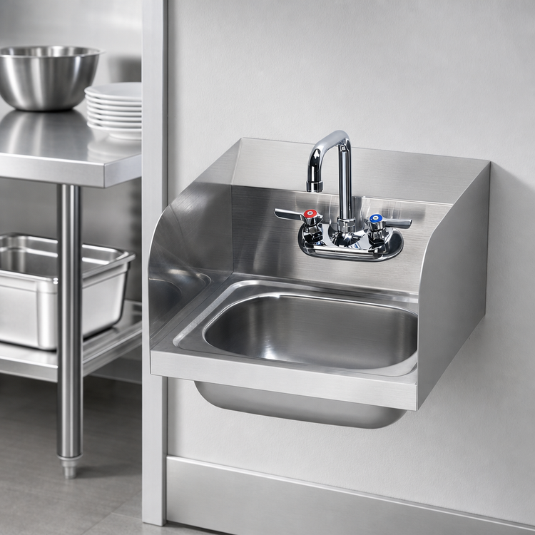 Product image #3 for Krowne Wall-Mount Stainless Steel Hand Sink with Faucet, Backsplash, and Side Splashes