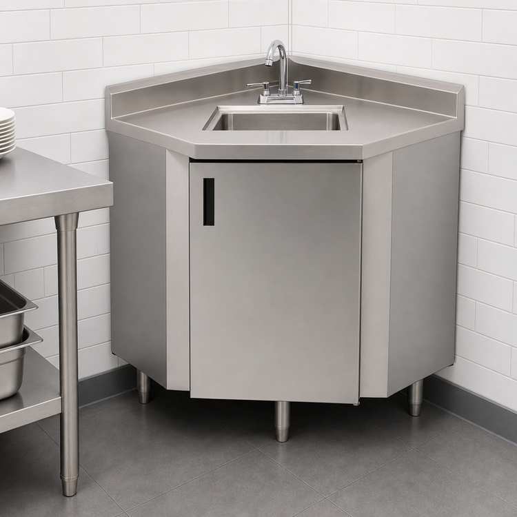 Product image #3 for Advance Tabco Corner Stainless Steel Sink Cabinet with 16 x 20 x 12 Inch Deep Bowl, Extended Faucet and Drain