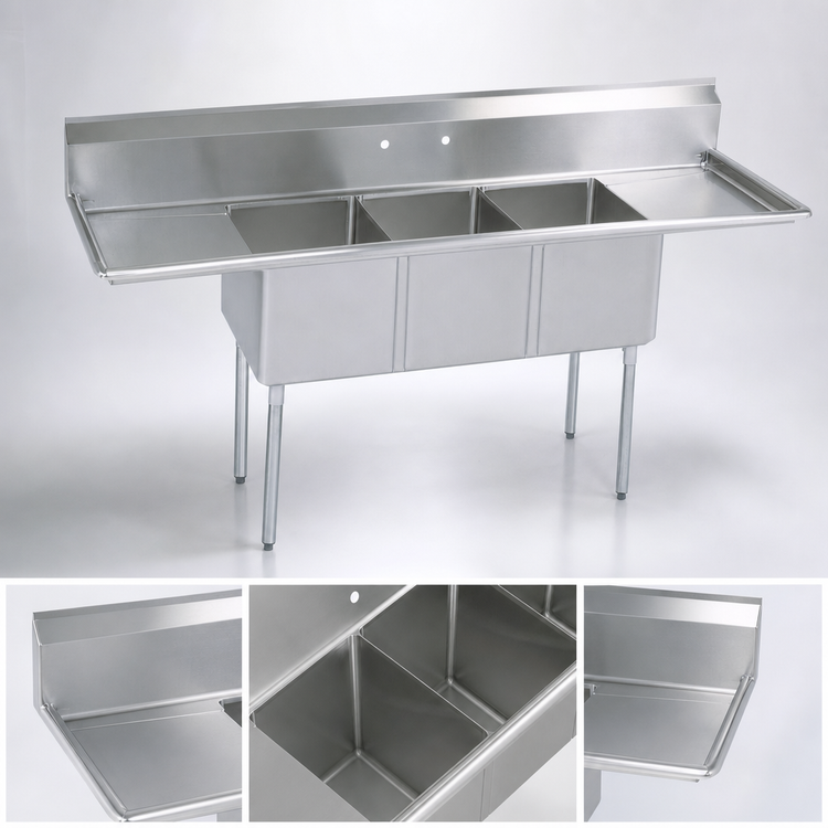 Product image #3 for BK Resources 100-Inch Wide 3-Compartment Stainless Steel Sink with Left and Right Drainboards