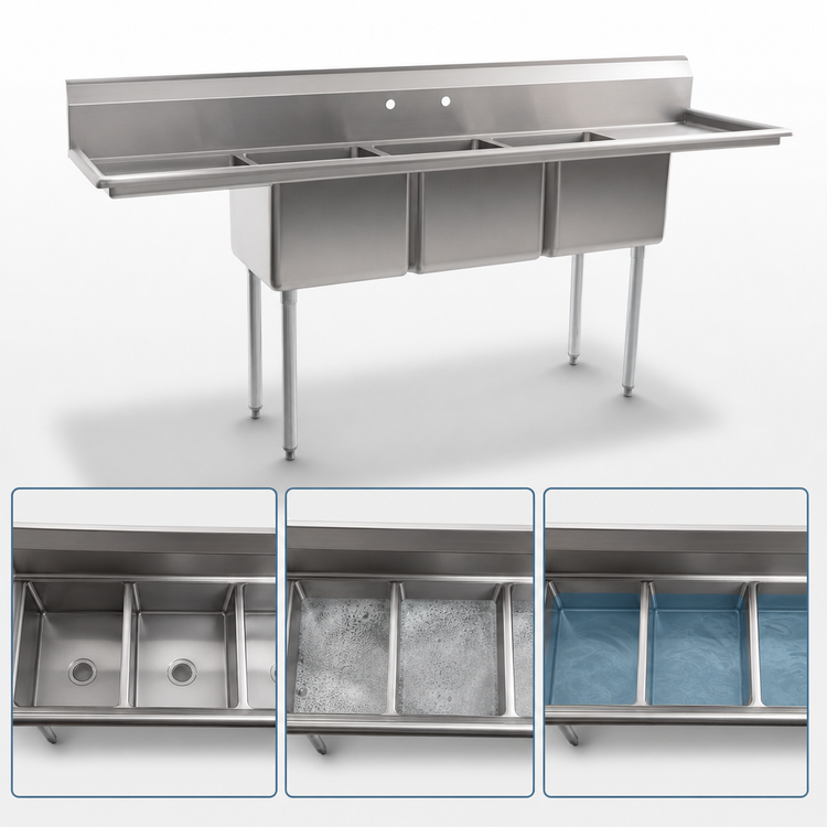 Product image #3 for Eagle Group BlendPort® BPFE Series Economy 3-Compartment Sink with Left Drainboard, 24 x 24 Inch Bowls, 16/304 Stainless Steel