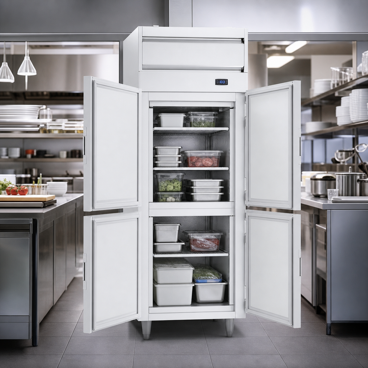 Product image #3 for Beverage-Air P Series 1-Section Standard-Depth Pass-Thru Freezer with 4 Solid Half Doors, 22.9 Cu. Ft., Top-Mounted Self-Contained Refrigeration