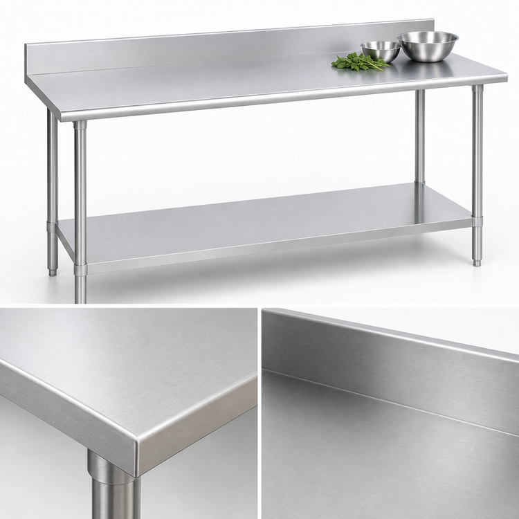 Product image #3 for Duke 30 x 144 Inch 14-Gauge 300 Series Stainless Steel Work Table with 5-Inch Riser and Undershelf