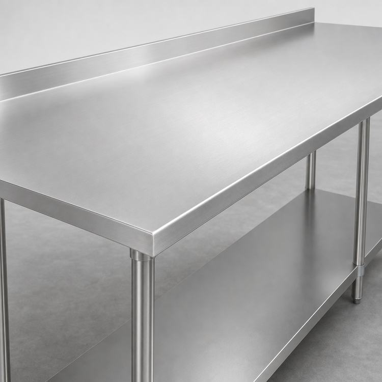 Product image #3 for Duke 144-Inch x 36-Inch 16-Gauge 300 Series Stainless Steel Work Table with 1-1/8-Inch Riser and Stainless Undershelf