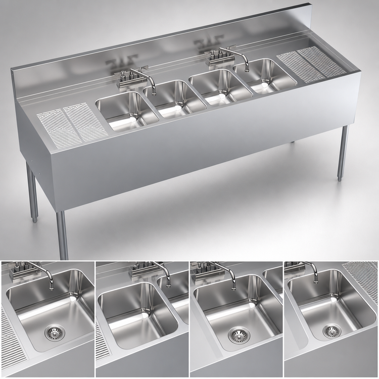 Product image #3 for Krowne Royal Series Four-Compartment Underbar Sink Unit with Dual Drainboards and Deck-Mount Faucet, 72W x 24D