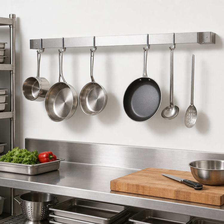 Product image #3 for John Boos Wall-Mount Stainless Steel Single-Bar Pot Rack with 8 Double Hooks, 96 x 12 x 2 Inches
