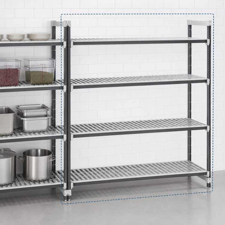Product image #3 for Cambro Camshelving Elements XTRA 18" x 60" x 84" Stationary Add-On Unit, 4-Tier Vented Polymer Shelving, Speckled Gray
