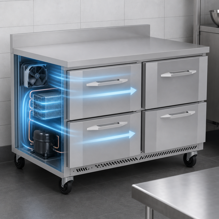 Product image #3 for Victory Refrigeration 48-Inch Two-Section 4-Drawer Worktop Freezer with Rear-Mounted Self-Contained Refrigeration