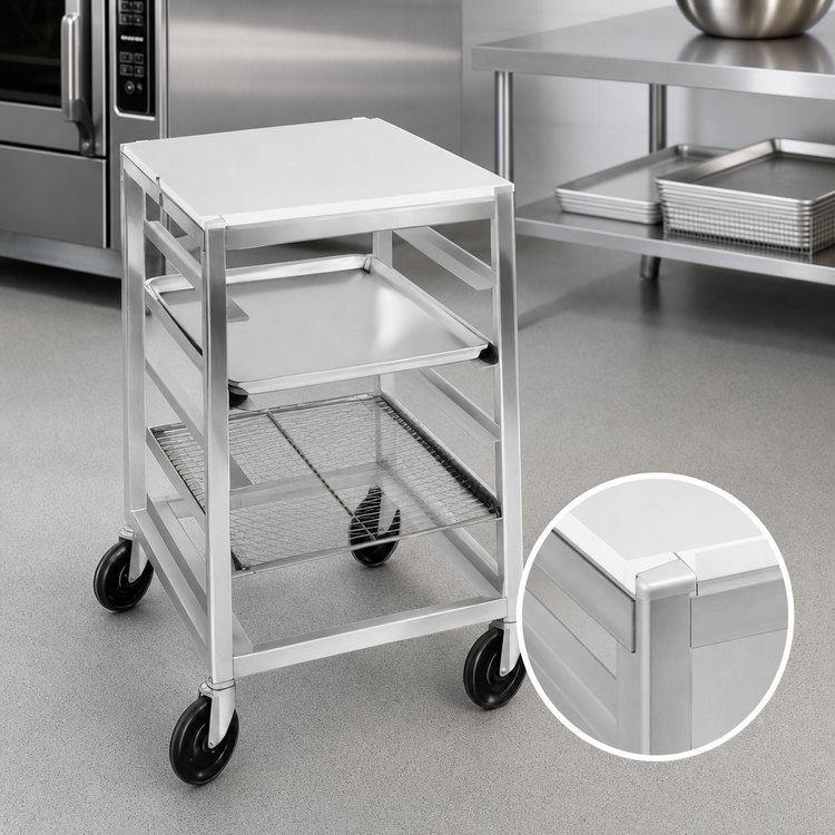 Product image #3 for Single-Section End-Load Aluminum Bun Pan Rack with Poly Top Work Surface and 5-Inch Swivel Stem Casters