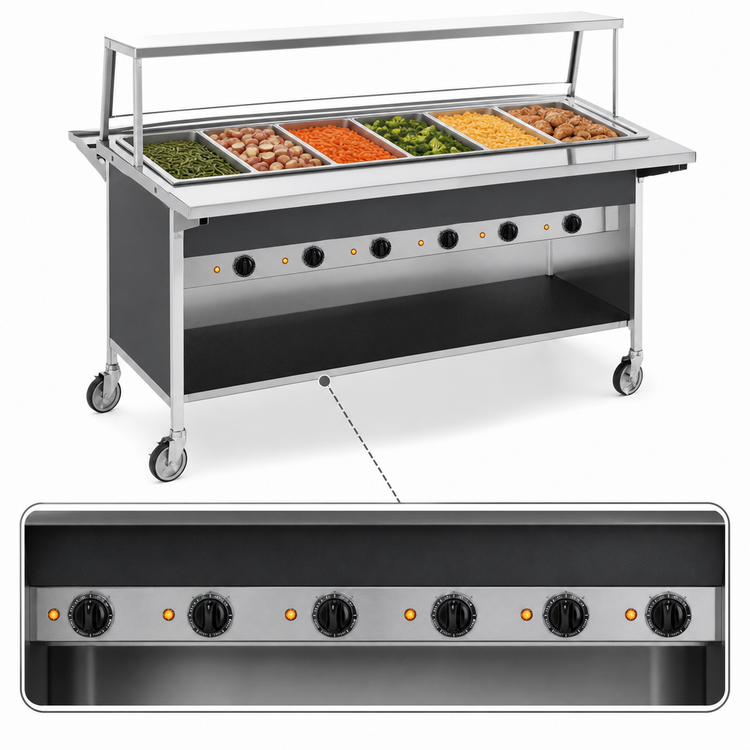 Product image #3 for Atlas Metal CAIH-6 Mobile Hot Food Serving Counter, 6-Well Electric, 91-1/4" Length