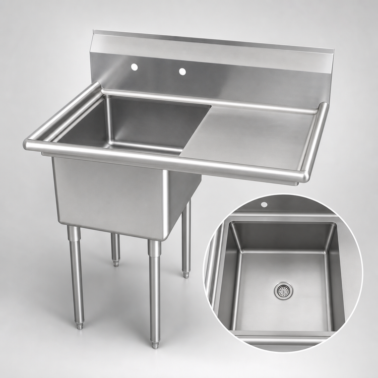 Product image #3 for Omcan USA 1-Compartment Pot Sink with Right-Hand Drainboard, 24 x 24 x 14-Inch Bowl, 304 Stainless Steel