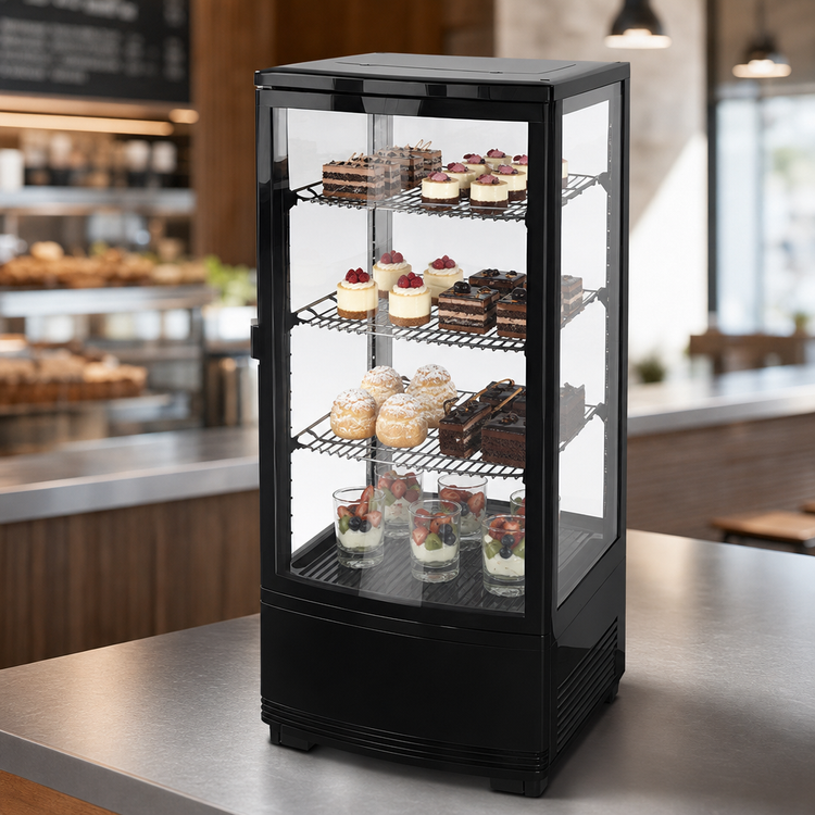 Product image #3 for Omcan 17-Inch Countertop Four-Sided Glass Refrigerated Display Case, 2-Door, 3.0 Cu. Ft.