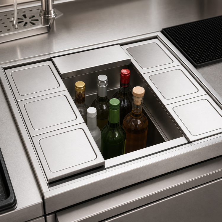 Product image #3 for Top Shelf 6-Bottle Underbar Bottle Well with 4-Piece Stainless Steel Sliding Cover Assembly