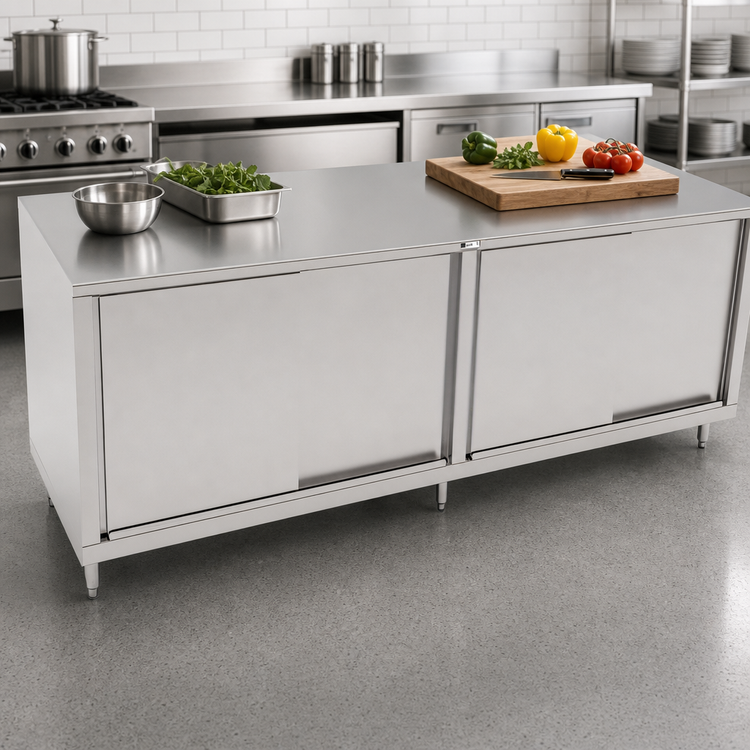 Product image #3 for John Boos 120 Inch x 24 Inch Stainless Steel Enclosed Work Table with Sliding Doors