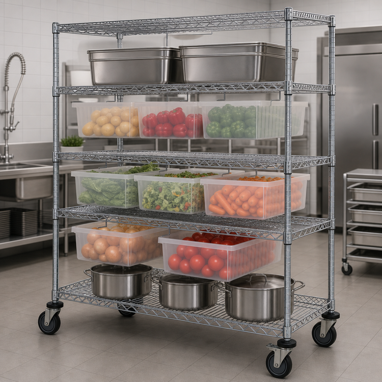 Product image #3 for Quantum 4-Drawer Bin Cart System with Dividable Grid Clear Container, 48W x 24D x 69H, 1200 lb Capacity, Chrome Plated Finish