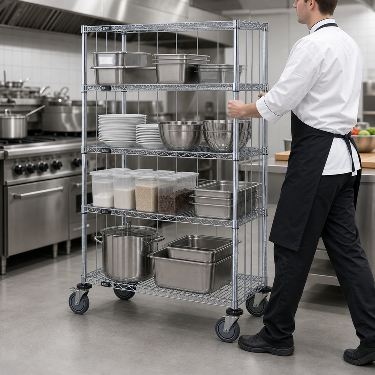 Product image #3 for Quantum Mobile Enclosure Wire Shelving Cart, 60 x 18 x 80 Inches, 4 Shelves, Chrome Plated