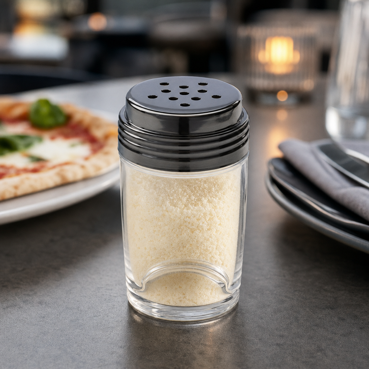 Product image #3 for Contemporary Clear Glass Cheese Shaker with Perforated Stainless Steel Lid, 6 oz.