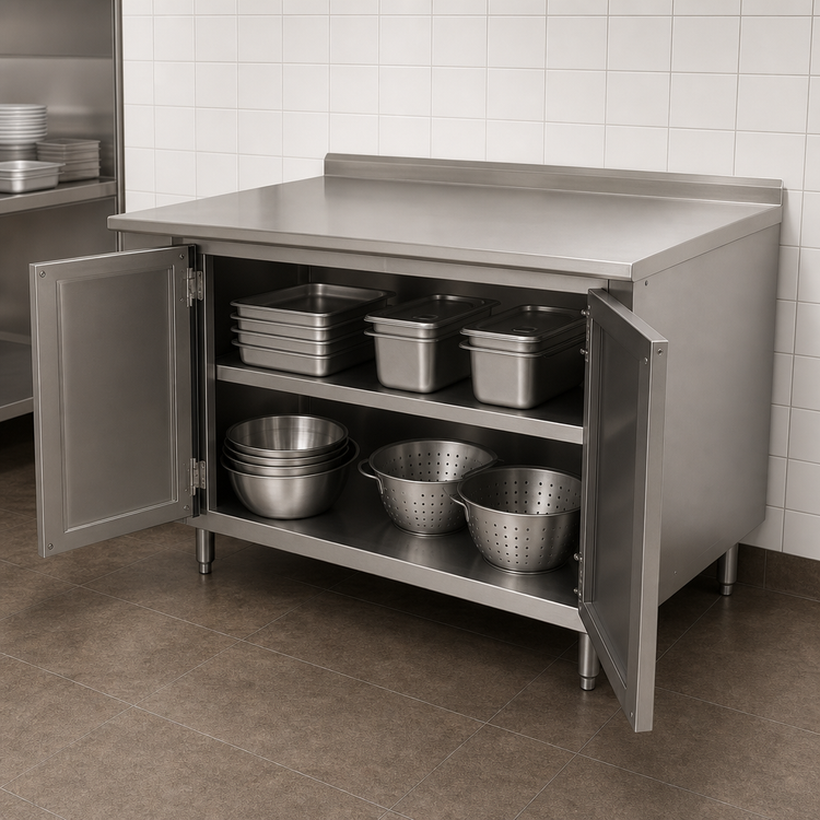 Product image #3 for Advance Tabco 72-Inch W x 30-Inch D Enclosed Work Table with Hinged Doors, 14-Gauge 304 Stainless Steel Top, and 1-1/2-Inch Rear Upturn