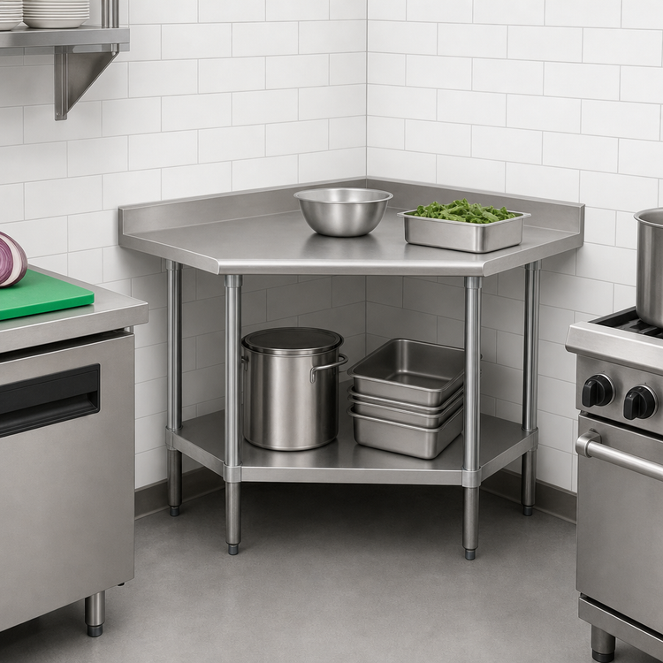Product image #3 for Advance Tabco 30" x 30" Corner Stainless Steel Work Table with Adjustable Undershelf and 1-1/2" Rear Up-Turn