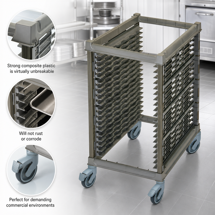 Product image #4 for Cambro Camshelving Ultimate Half-Size Mobile Sheet Pan Rack, 1-1/2 Inch Rail Spacing, 20 Pan Capacity, Brushed Graphite