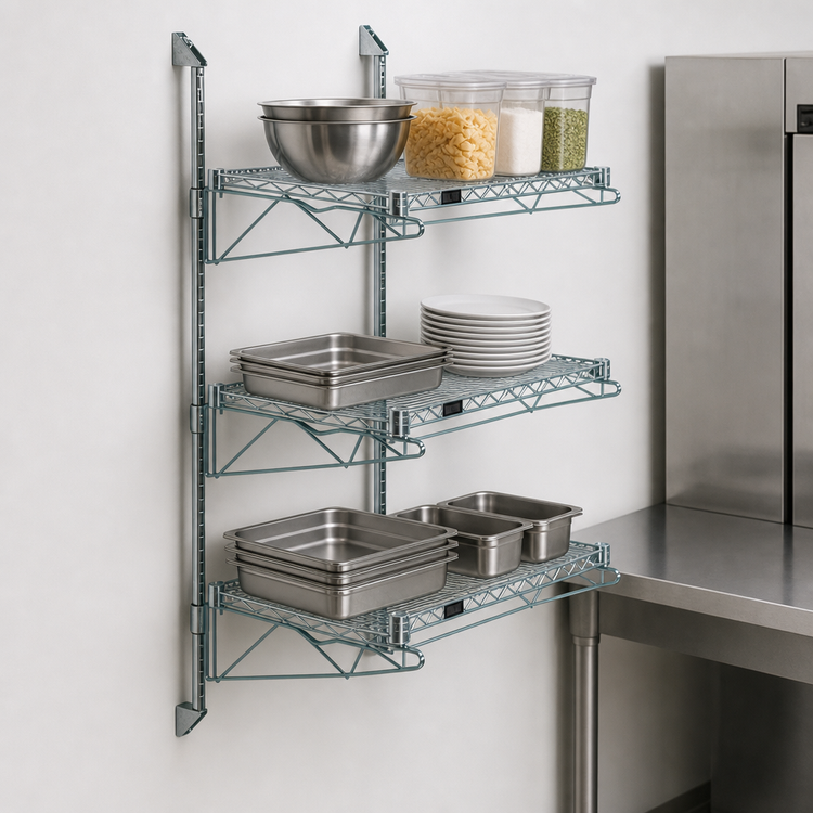 Product image #3 for Quantum Wall-Mounted Cantilever Wire Shelf Starter Unit with 3 Shelves, 54-Inch Posts