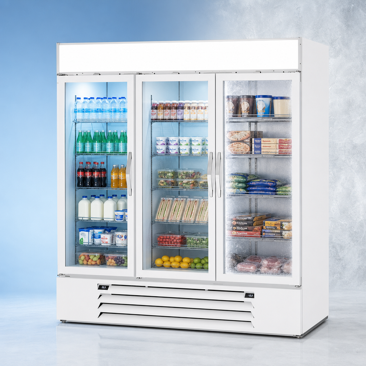Product image #4 for Beverage Air MarketMax Dual-Temp Glass Door Reach-In Refrigerator/Freezer Merchandiser, 3-Section, White
