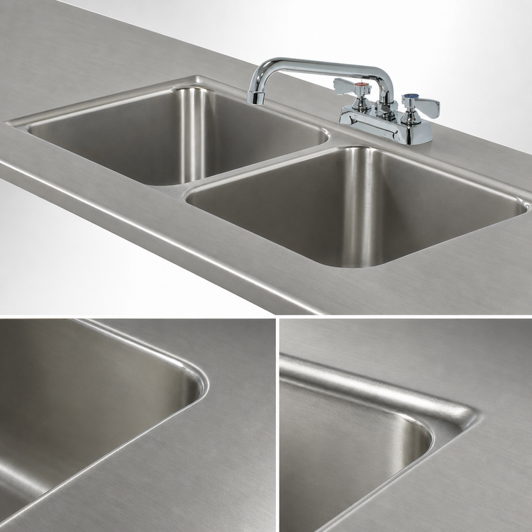 Product image #3 for Advance Tabco Double-Bowl Welded Sink Table Top with Faucet, 20" x 20" x 8" Bowls