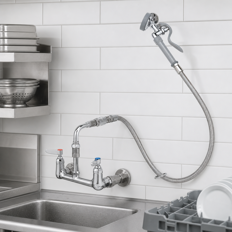 Product image #3 for T&S Brass B-0167-HH 8-Inch Wall-Mount Mixing Pre-Rinse Faucet with 44-Inch Hose and 1.15 GPM Spray Valve