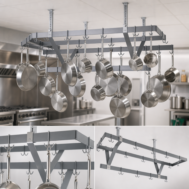 Product image #3 for Eagle Group Ceiling-Mounted Triple-Bar Aluminum Pot Rack with 30 Hooks, 112-Inch Wide