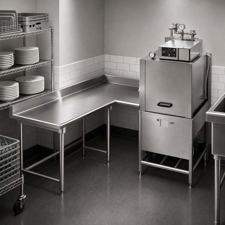 Product image #3 for Eagle Group Corner Clean Dishtable, 60-Inch x 60-Inch, Right-to-Left, 16-Gauge 430 Stainless Steel