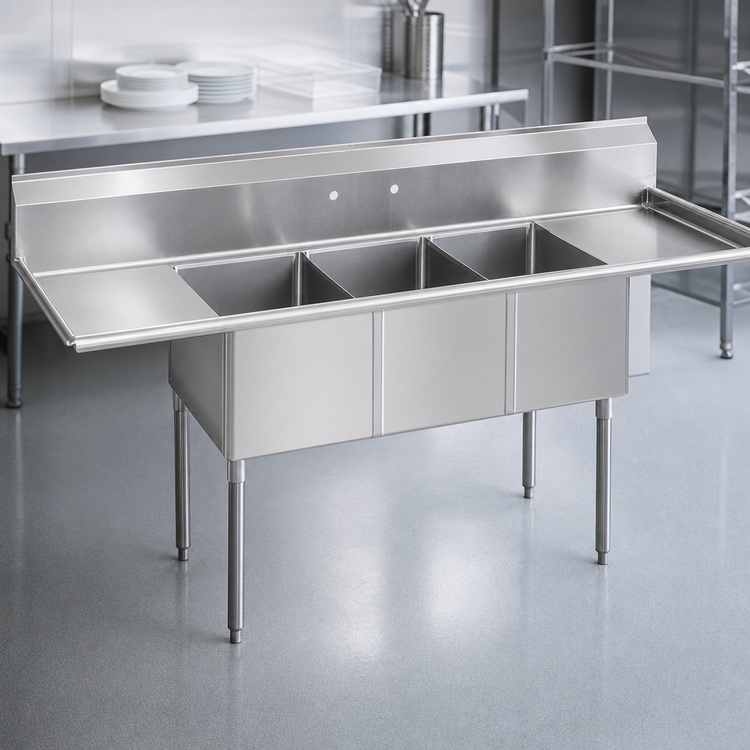 Product image #3 for BK Resources Three Compartment Sink with Left and Right Drainboards, 102-Inch Wide, 12-Inch Deep Bowls, 9-Inch Backsplash