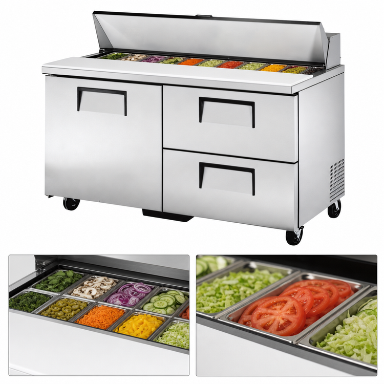 Product image #3 for True 60-Inch Wide 2-Section Refrigerated Prep Table with 1 Door, 2 Drawers, and 16 Sixth-Size Pan Top