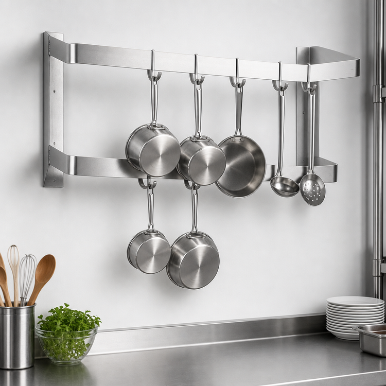 Product image #3 for Steel Works Stainless 48-Inch Wall-Mount Double-Bar 304 Stainless Steel Pot Rack with 8 Double Hooks