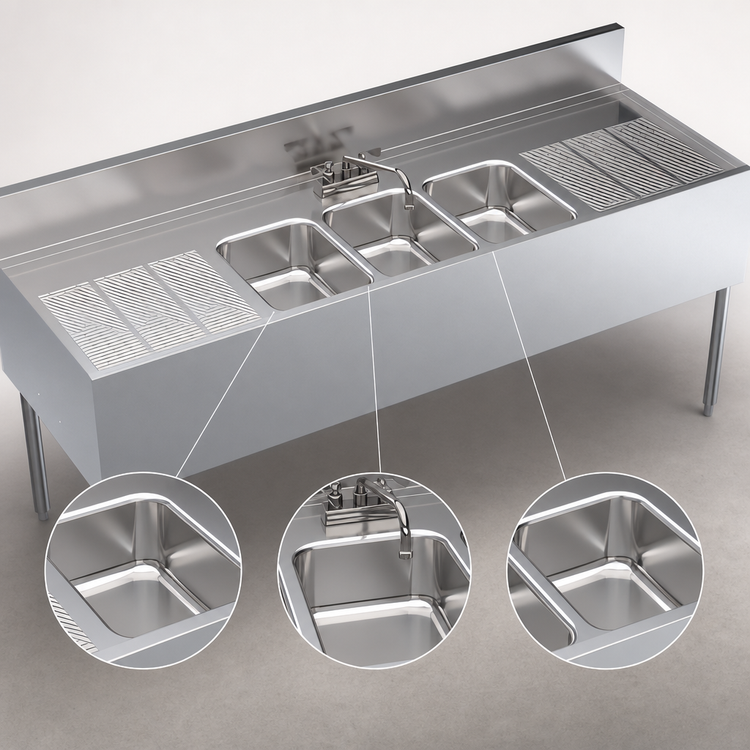 Product image #3 for Krowne Royal Series Three Compartment Underbar Sink Unit with Dual Drainboards and Deck-Mount Faucet, 72"W x 24"D