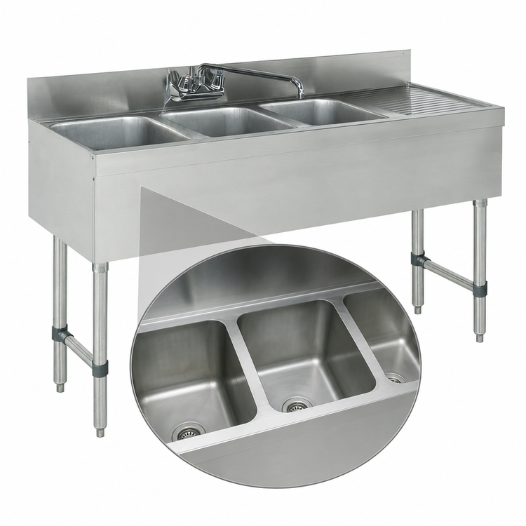 Product image #3 for Advance Tabco Special Value Series 3-Compartment Stainless Steel Underbar Sink Unit with Right-Hand Drainboard and Splash-Mount Faucet, 48-Inch Wide