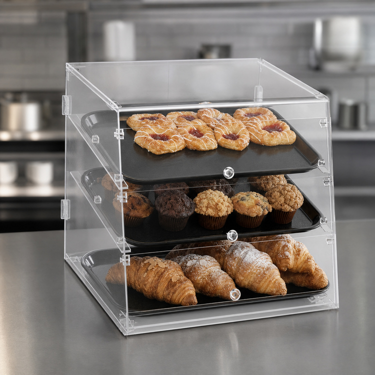 Product image #3 for Vollrath 3-Shelf Countertop Knock-Down Acrylic Bakery Display Case, Slant Front, Front and Rear Doors