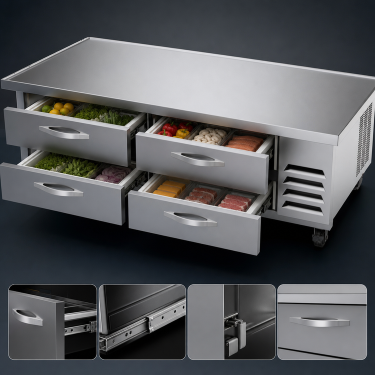 Product image #4 for Beverage-Air 4-Drawer Worktop Chef Base Refrigerator, 76-Inch Extended Top