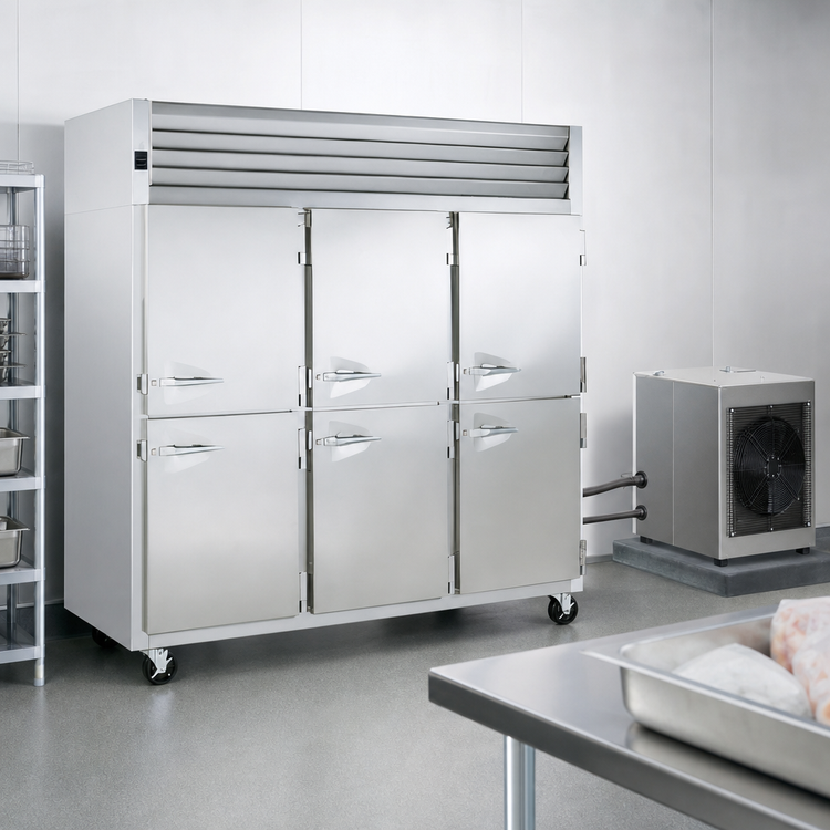 Product image #3 for Traulsen Spec-Line 3-Section Remote Reach-In Freezer, Standard Depth, Narrow Half-Height Solid Doors, Stainless Steel, 69.35 Cu. Ft.