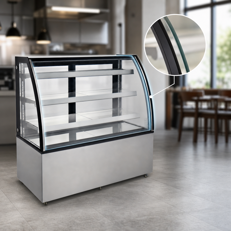 Product image #3 for Omcan 60-Inch Curved Glass Floor Refrigerated Showcase, 18.89 Cu. Ft., See-Thru, 3-Shelf