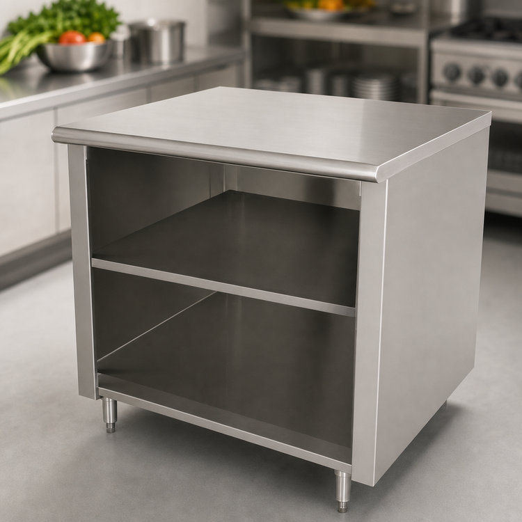 Product image #3 for Advance Tabco Special Value Economy Open Front Cabinet Work Table with Mid-Shelf, 48 x 24 Inch, Flat Top, 304 Stainless Steel