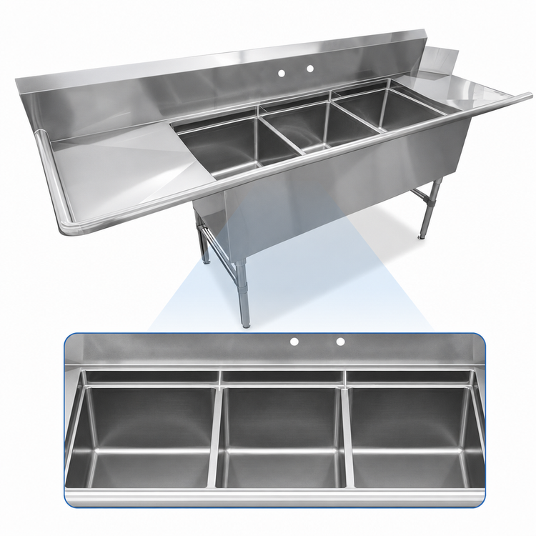 Product image #3 for John Boos 3-Compartment Stainless Steel Clean Dishtable/Pot Sink with Dual 24" Drainboards and Right-Side Dish Machine Attachment