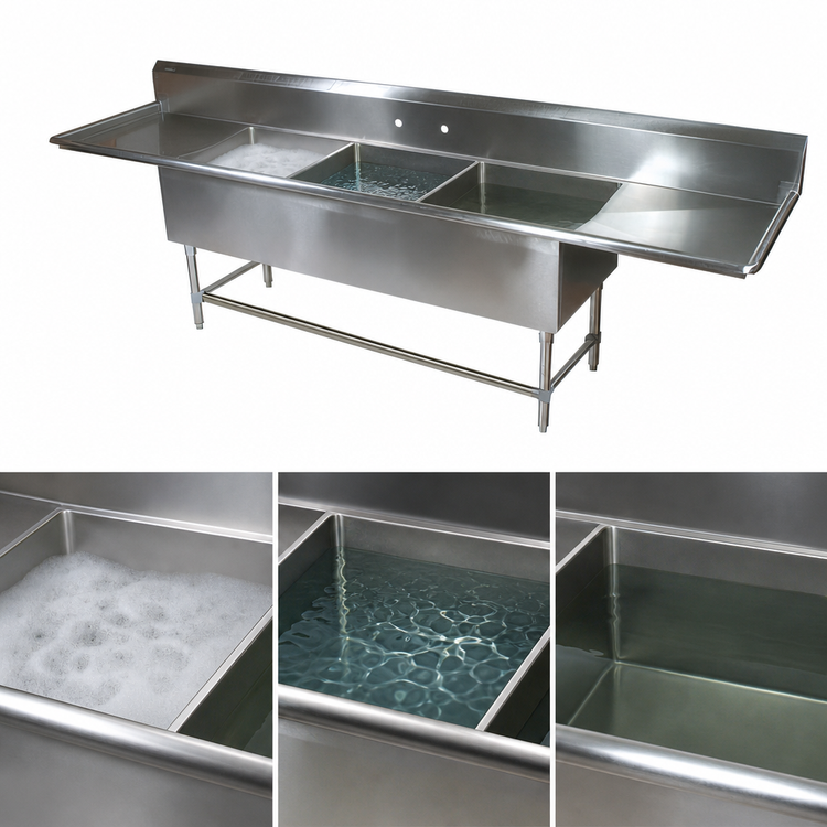 Product image #3 for John Boos Pro-Bowl 3-Compartment Stainless Steel Sink with Left & Right 30-Inch Drainboards, 12-Inch Deep Bowls